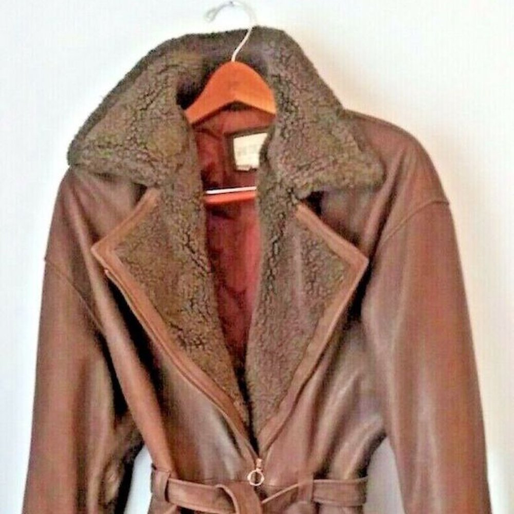 Karin Morgan Brown Aviator Genuine Leather Jacket VTG Fur Collar M